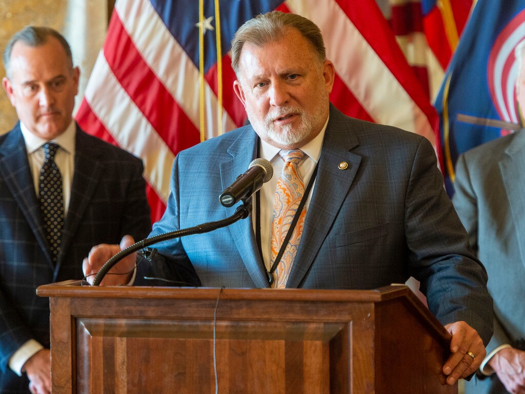 (Rick Egan  |  The Salt Lake Tribune)     Sen. Curtis Bramble, R-Provo, comments on how State lawmakers have reached a tentative accord with the anti-gerrymandering group trying to protect Proposition 4, the voter-approved initiative to create an independent redistricting commission, during a news conference at the Capitol, Thursday, Feb. 27, 2020.
