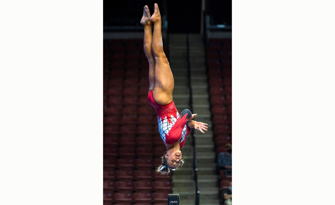 (Rick Egan | The Salt Lake Tribune) Maile O'Keefe competes on the bean for Utah in the PAC-12 Gymnastics Championship tournament at the Maverik Center, on Saturday, March 20, 2021.