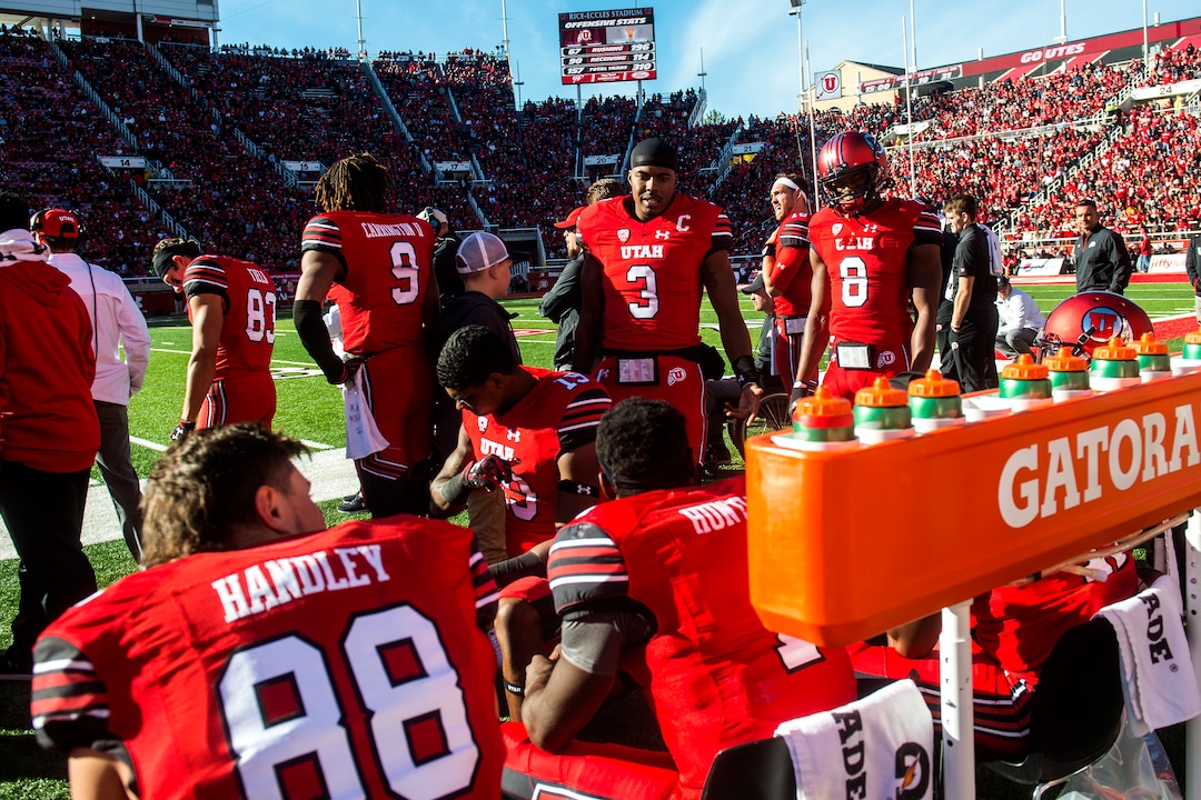 (Chris Detrick  |  The Salt Lake Tribune)  Utah Utes quarterback Troy Williams (3) talks with Utah Utes quarterback Tyler Huntley (1) during the game at Rice-Eccles Stadium Saturday, October 21, 2017.  Arizona State Sun Devils defeated Utah Utes 30-10.