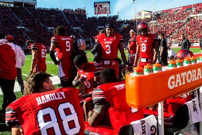 (Chris Detrick  |  The Salt Lake Tribune)  Utah Utes quarterback Troy Williams (3) talks with Utah Utes quarterback Tyler Huntley (1) during the game at Rice-Eccles Stadium Saturday, October 21, 2017.  Arizona State Sun Devils defeated Utah Utes 30-10.