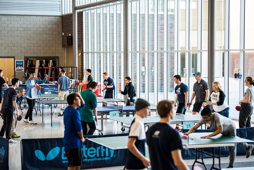 (Chris Detrick | The Salt Lake Tribune) Players compete during the first state-wide Utah High School Table Tennis Tournament at Granger High School on Saturday, Jan. 13, 2018. Organized by math teacher Walter Poelzing and sponsored by Salt Lake City Table Tennis, 46 high school students from all over the state competed. Schools participating include Hillcrest, Brighton, Granger, Skyline, Waterford, Syracuse, Cottonwood, American Fork, Bingham,Taylorsville, Itineris Early College High School and Wasatch.