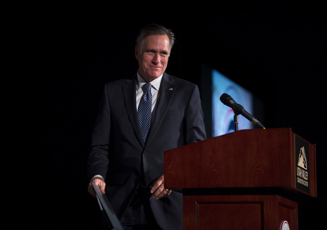 Scott Sommerdorf | The Salt Lake TribuneFormer Republican presidential candidate Mitt Romney speaks at the 2018 Utah County Republican Party Lincoln Day Dinner.