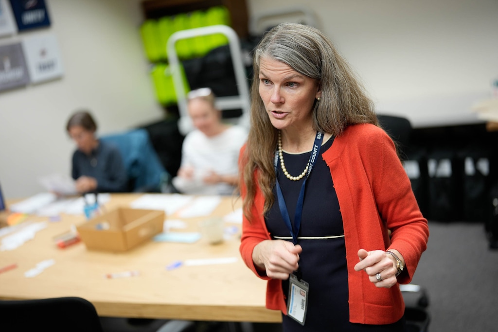 (Francisco Kjolseth | The Salt Lake Tribune) Eve Furse, Summit County clerk, talks about the work her team is doing at the elections center in Coalville during early mail in ballot counting and how they are preparing for the upcoming election on Thursday, Oct. 24, 2024.