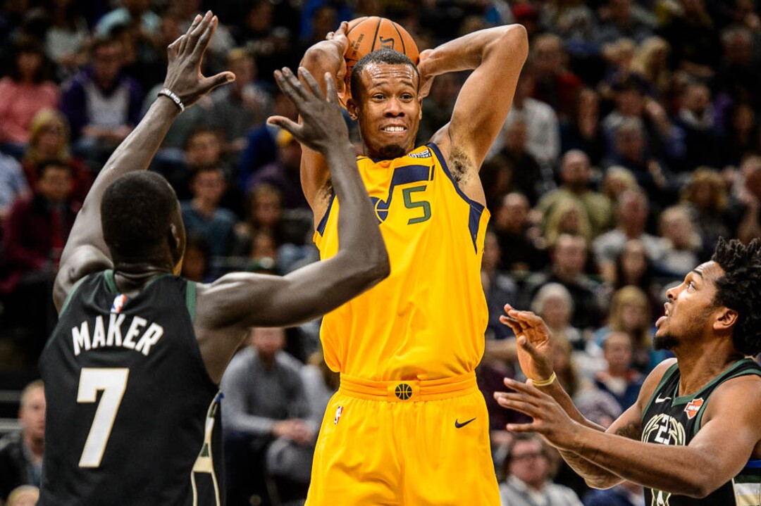(Trent Nelson | The Salt Lake Tribune)  Utah Jazz guard Rodney Hood (5) passes the ball as the Utah Jazz host the Milwaukee Bucks, NBA basketball in Salt Lake City Saturday November 25, 2017.