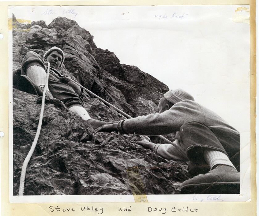 (Alpenbock Club via Marriott Library, University of Utah) This photo showing Steve Utley and Doug Calder teaming up on a climb was featured in the Alpenbock Club scrapbook. The book details routes established in Little Cottonwood Canyon between 1962 and 1974 that have been nominated for the National Register of Historic Places.