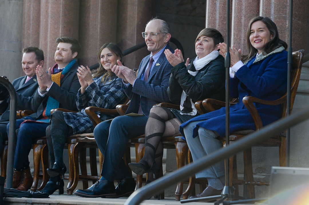 (Francisco Kjolseth  |  The Salt Lake Tribune) Newly sworn in Mayor of Salt Lake City, Erin Mendenhall, right, joins council members at the conclusion of inauguration ceremonies at Salt Lake City Hall on Monday, Jan. 6, 2020. From left are council members Andrew Johnston, Chris Wharton, Ana Valdemoros, Daniel E. Dugan and Amy Fowler.