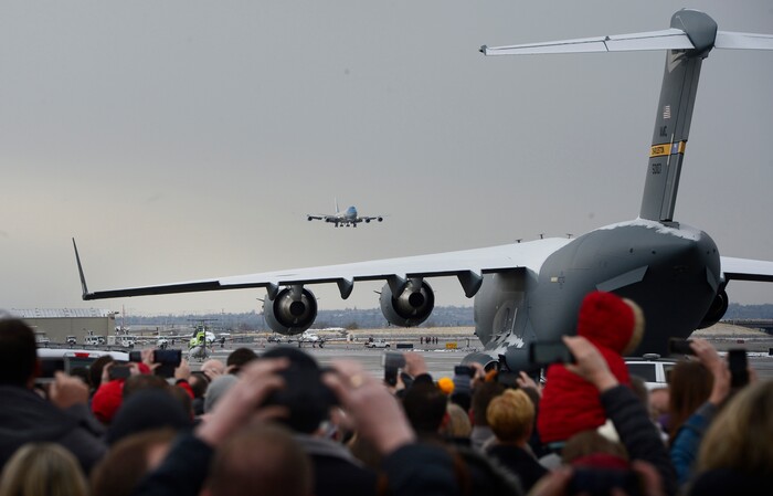 (Scott Sommerdorf   |  The Salt Lake Tribune)   The arrival of Air Force One at the Ronald R Wright National Air Guard Base, Monday, December 4, 2017.  