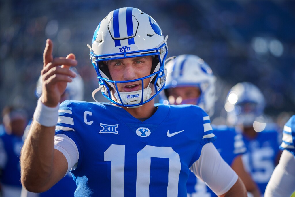 (Trent Nelson  |  The Salt Lake Tribune) Brigham Young Cougars quarterback Kedon Slovis (10) as BYU hosts Texas Tech, NCAA football in Provo on Saturday, Oct. 21, 2023.