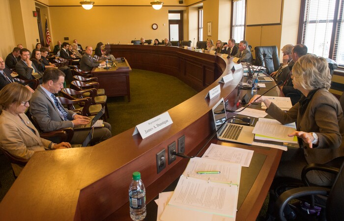 (Rick Egan  |  The Salt Lake Tribune)     Rep. Susan Pulsipher questions Rep. Brian Greene about HB 185, during a committee meeting, Friday, January 26, 2018.


