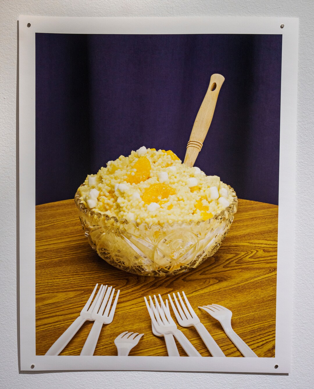 (Leah Hogsten | The Salt Lake Tribune) Doctrine #3 (Frog Eye Salad) Archival Pigment Print, 2021, from "Marrow" a photo exhibit by Daniel George at The Utah Museum of Contemporary Art, Sept. 3 2021. George examines the culinary and cultural heritage of members of The Church of Jesus Christ of Latter-day Saints. George recreated and photographed dishes from Ward Cookbooks, including Funeral Potatoes, Casseroles, Jello creations, turning food into folk art.