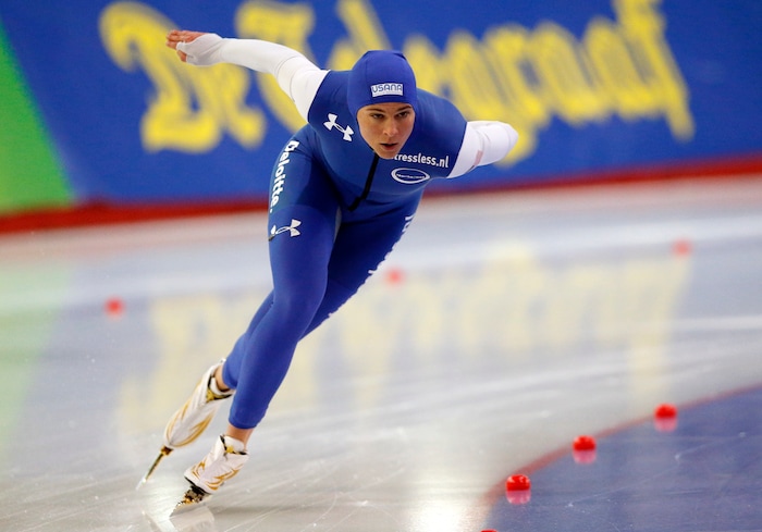 FILE - In this Feb. 28, 2016, file photo, Brittany Bowe, of the United States, skates during the ladies' 1,000-meter race of the ISU World Sprint Speed Skating Championships in Seoul, South Korea. Bowe is getting back on track at the speedskating oval after the Olympian missed time recently because of concussion symptoms. (AP Photo/Lee Jin-man, File)