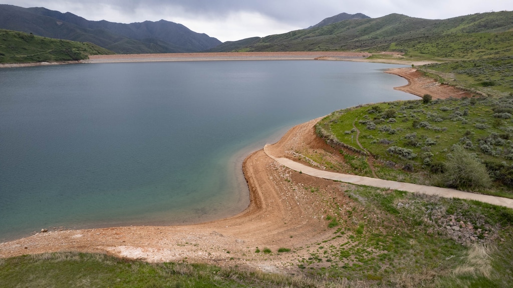(Francisco Kjolseth | The Salt Lake Tribune) Little Dell Reservoir, one of the primary supplies of water for Salt Lake City, sits well below capacity following a news event providing an update on Utah’s drought conditions and water supply outlook heading into the summer months.