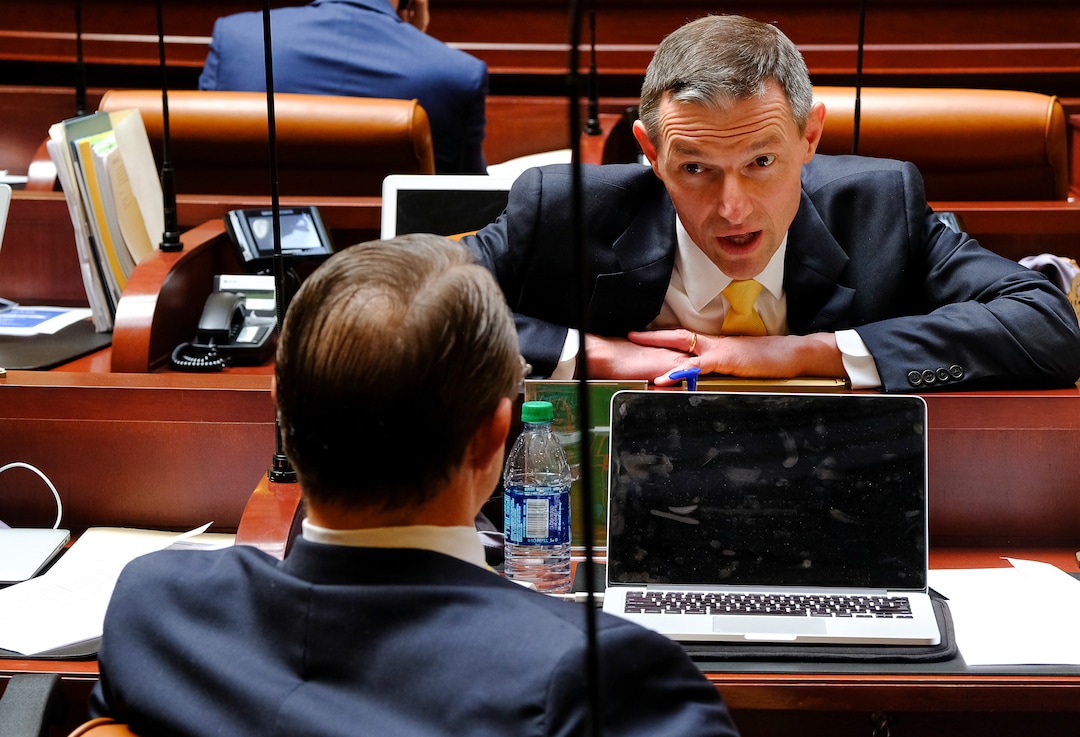 (Francisco Kjolseth  |  The Salt Lake Tribune)  Rep. Mike Kennedy, R- Alpine, right, speaks with Rep. Ken Ivory, R-West Jordan, as they wait on the Senate for a vote after the Legislature called itself into special session to attempt to override Gov. Gary Herbert's vetoes of two bills. 
