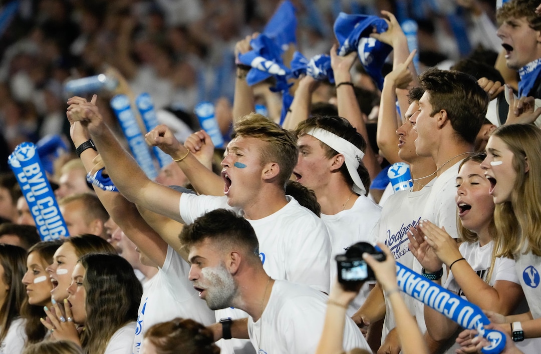 (Francisco Kjolseth | The Salt Lake Tribune) Brigham Young Cougar fans cheer on the Cougars against the Arizona State Sun Devils at LaVell Edwards Stadium in Provo, on Saturday, Sept. 18, 2021.