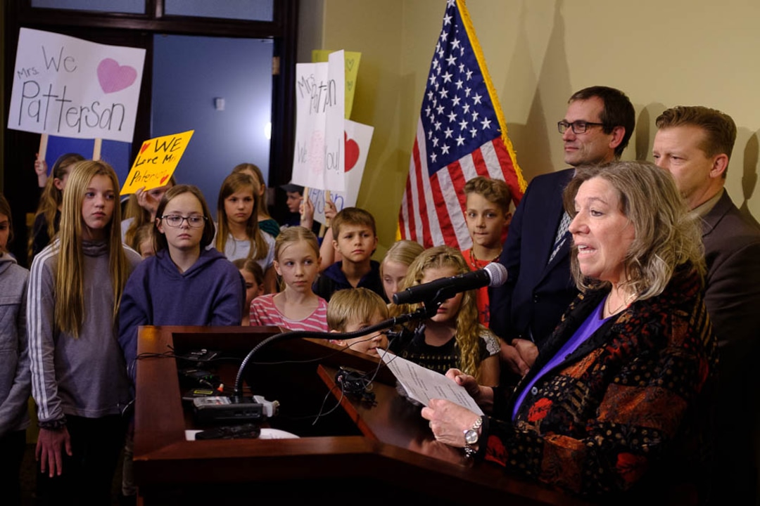 (Trent Nelson | The Salt Lake Tribune)  Valley View Elementary School teacher Moana Patterson speaks at a news conference put on by parents and students to show support for her, in Salt Lake City on Monday March 11, 2019.