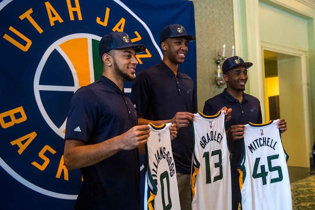 Chris Detrick  |  The Salt Lake TribuneUtah Jazz's Nigel Williams-Goss, Tony Bradley and Donovan Mitchell pose for photos at The Grand America Hotel Wednesday, June 28, 2017. 