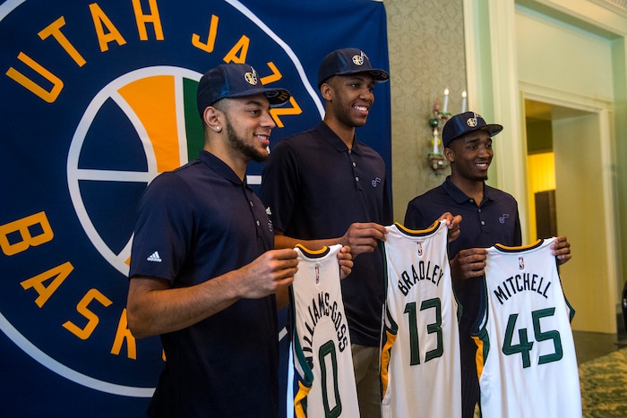 Chris Detrick  |  The Salt Lake Tribune
Utah Jazz's Nigel Williams-Goss, Tony Bradley and Donovan Mitchell pose for photos at The Grand America Hotel Wednesday, June 28, 2017. 
