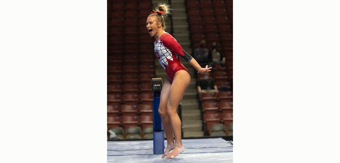(Rick Egan | The Salt Lake Tribune) Abby Paulson competes on the bean for Utah in the PAC-12 Gymnastics Championship tournament at the Maverik Center, on Saturday, March 20, 2021.