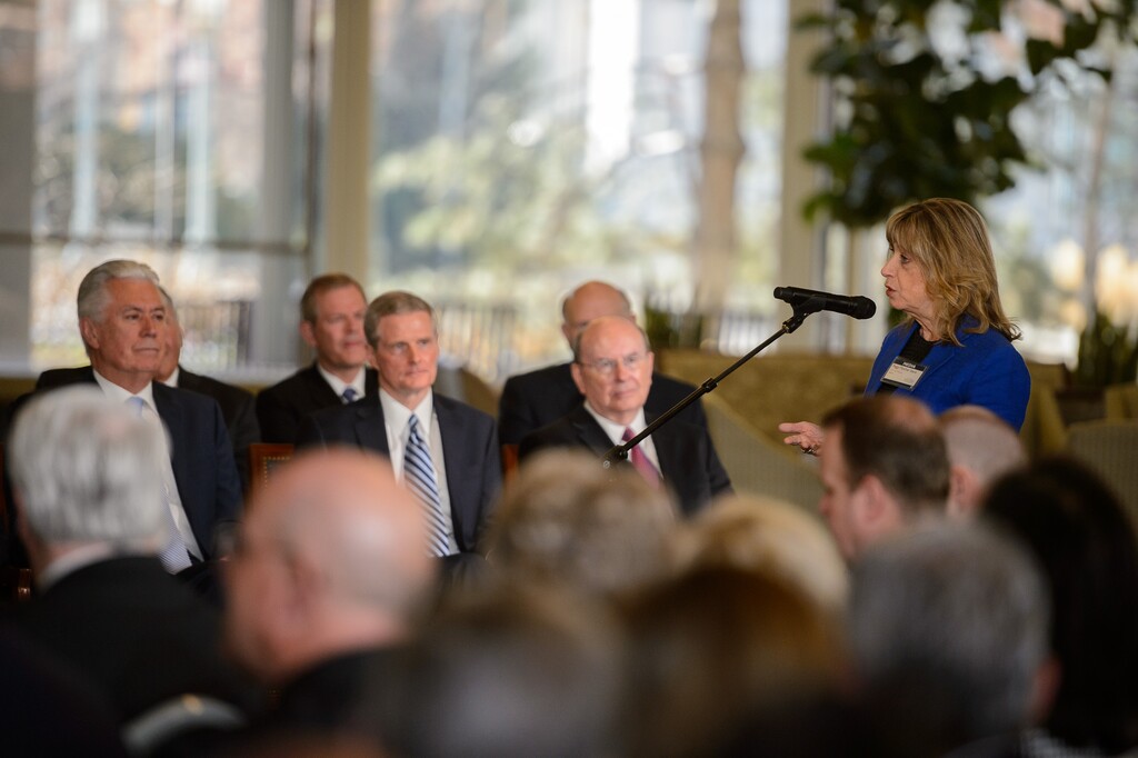(Trent Nelson | The Salt Lake Tribune) Peggy Fletcher Stack asks a question to Russell M. Nelson at a news conference in the lobby of the Church Office Building in Salt Lake City, Tuesday, Jan. 16, 2018.