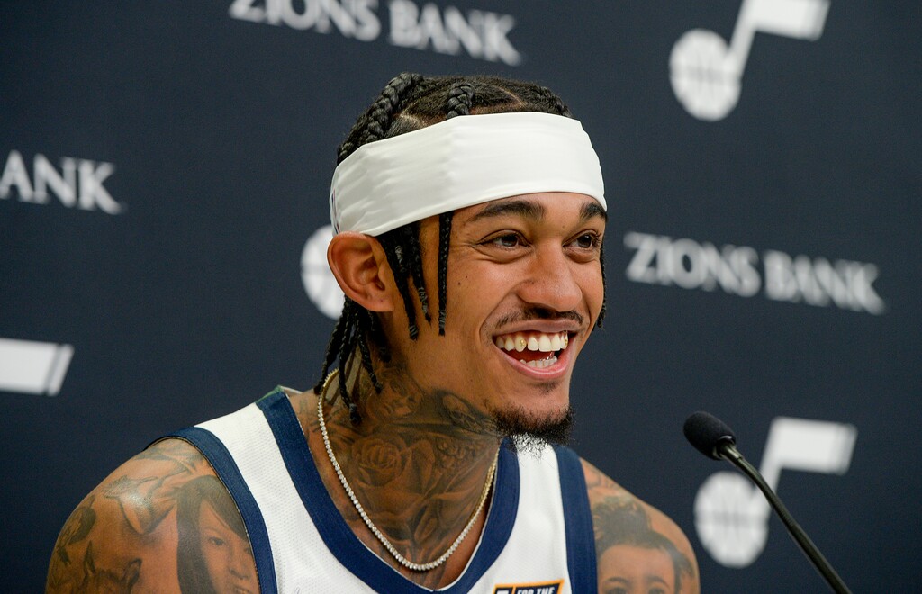 (Chris Samuels | The Salt Lake Tribune) Guard Jordan Clarkson speaks to media at Utah Jazz media day at Vivint Arena, Monday, Sept. 27, 2021 in Salt Lake City.