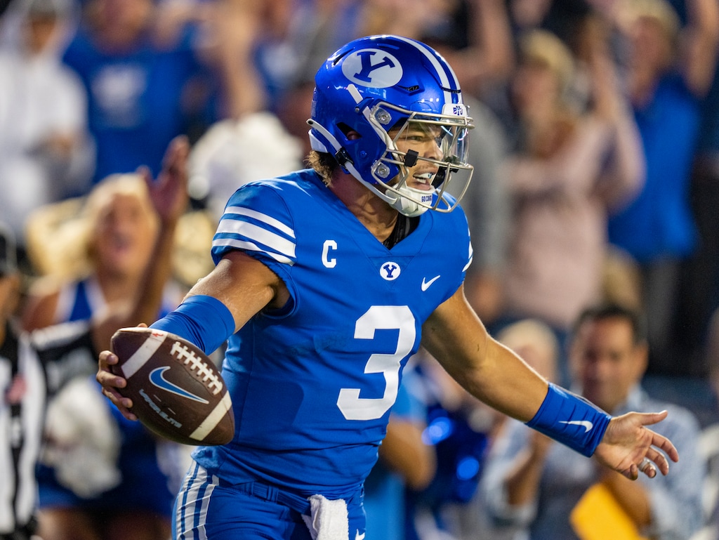 (Rick Egan | The Salt Lake Tribune) Brigham Young Cougars quarterback Jaren Hall (3) celebrates a touchdown, after catching a touchdown pass, in football action between the Brigham Young Cougars and the Baylor Bears at Lavell Edwards Stadium in Provo, on Saturday, Sept. 10, 2022.