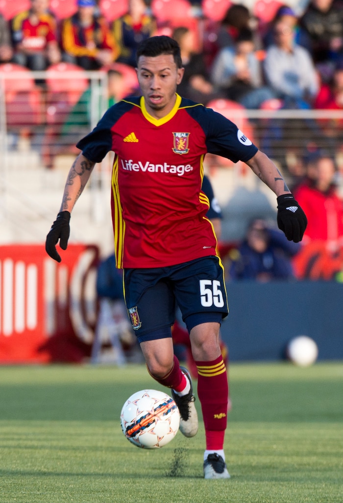 (Rick Egan  |  The Salt Lake Tribune)     Real Monarchs midfielder Sebastián Velásquez (55), in soccer action between the Real Monarchs and Las Vegas Lights FC at the new Zions Bank Stadium in, Herriman, Monday, April 30, 2018.


