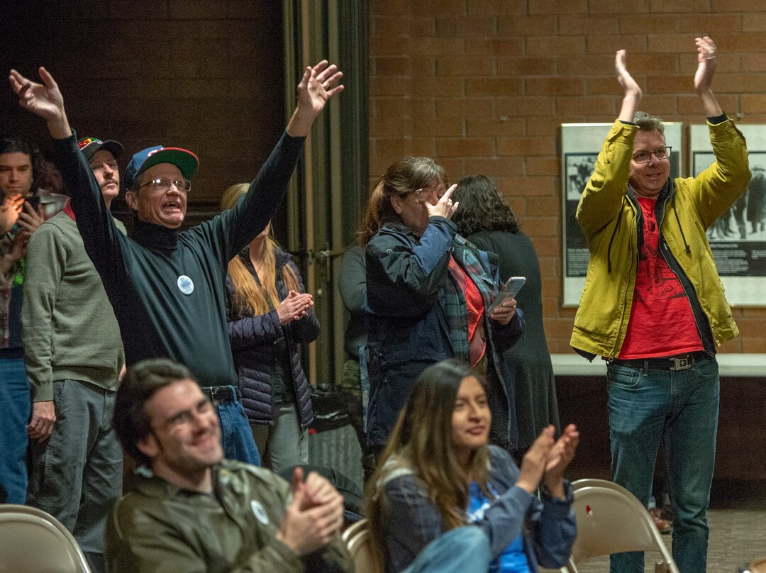 (Rick Egan  |  The Salt Lake Tribune)  Bernie Sanders supporters cheer as the watch the returns come in at an election watch party at the Teamsters & Chauffeurs Union in West Valley, on Super Tuesday March 3, 2020