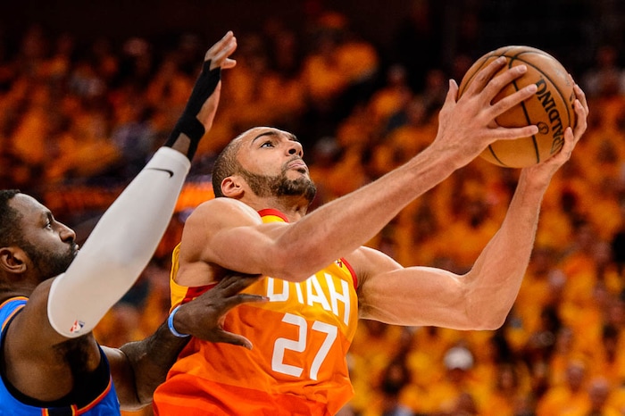 (Trent Nelson | The Salt Lake Tribune)  
Utah Jazz host the Oklahoma City Thunder, Game 3, NBA playoff basketball in Salt Lake City, Saturday April 21, 2018. Utah Jazz center Rudy Gobert (27).