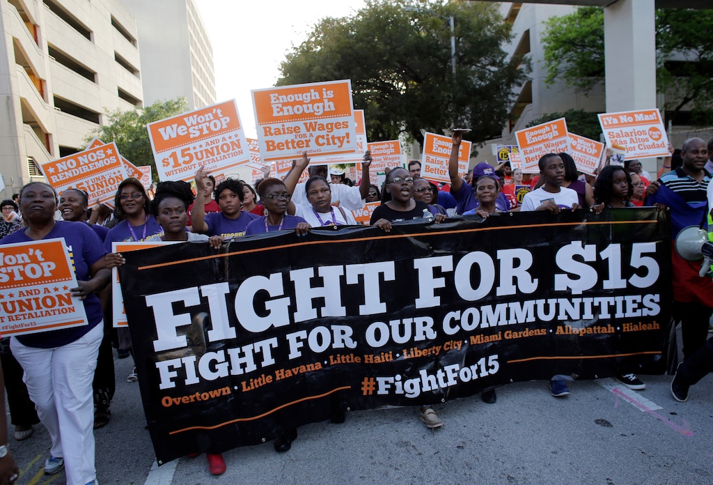 (Lynne Sladky | AP photo)

In this April 15, 2015, photo, protesters march in support of raising the minimum wage to $15 an hour as part of an expanding national movement known as Fight for 15, in Miami.