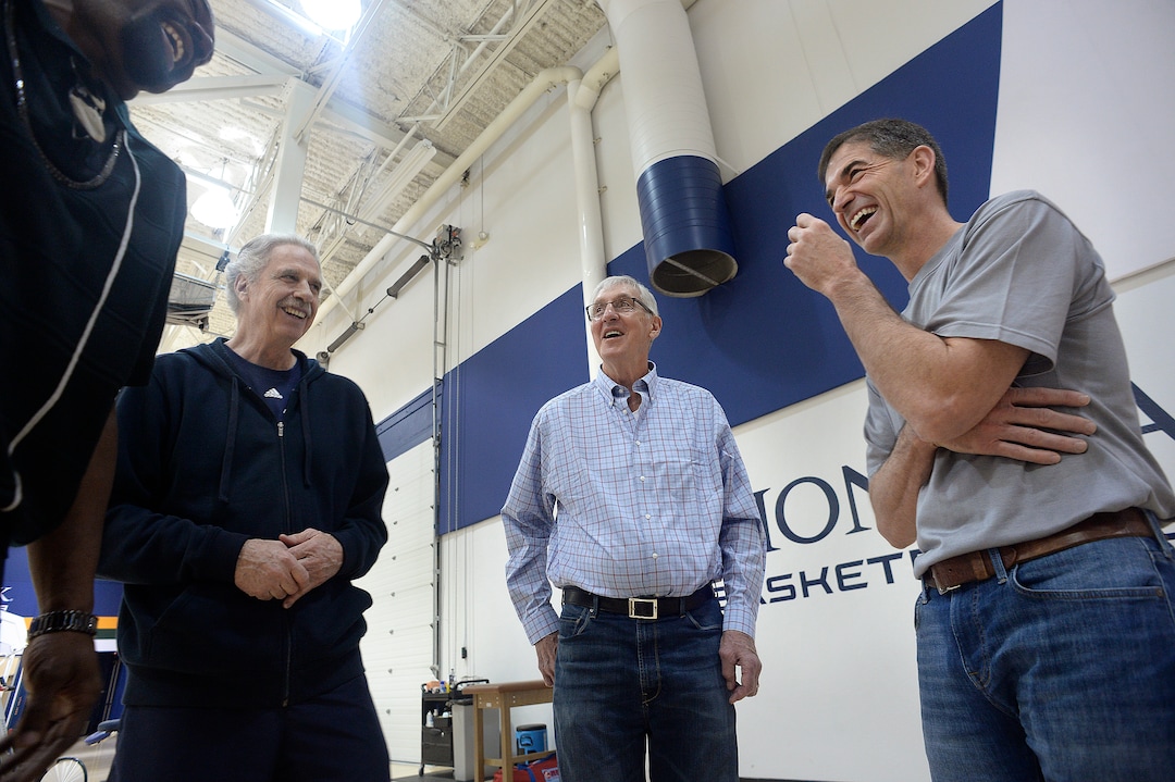 (Scott Sommerdorf | Tribune file photo) Antoine Carr, left, former coaches Phil Jackson, and Jerry Sloan, joke about old times with John Stockton, right as Jazz players from the 1997 team had a reunion at the Jazz practice facility on Wednesday, March 22 2017.