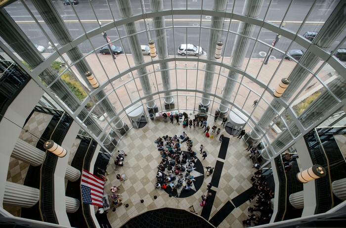 (Steve Griffin  |  The Salt Lake Tribune)  Midvale Middle School children sit in the rotunda of the Matheson Courthouse as the Utah State Courts celebrate Constitution Day in Salt Lake City Friday September 15, 2017.

