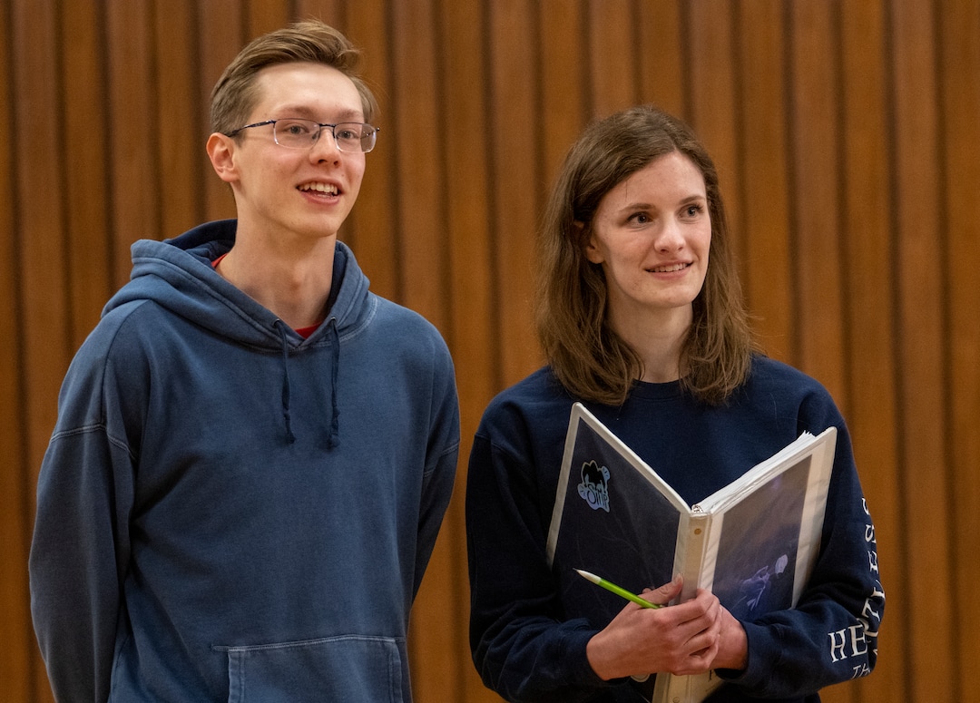 (Rick Egan | The Salt Lake Tribune)  Olympus high school students Caleb Robison, technical director, and Heidi Thomas, writer and co-director observe a rehearsal for a musical based on the young adult fantasy book, "Heartless," on Friday, April 1, 2022.
