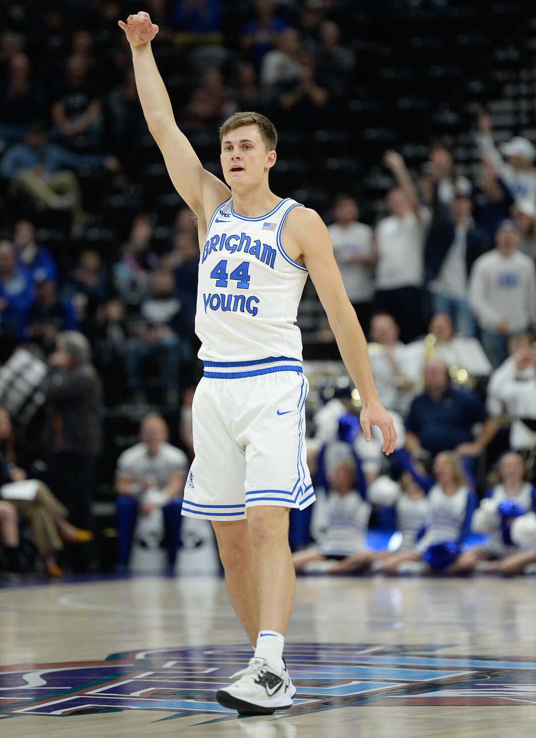 (Francisco Kjolseth  |  The Salt Lake Tribune)  Brigham Young Cougars guard Connor Harding (44) celebrates his three pointer as BYU takes on UNLV in men's NCAA basketball at Vivint Smart Home Arena in Salt Lake City on Sat. Dec. 7, 2019.