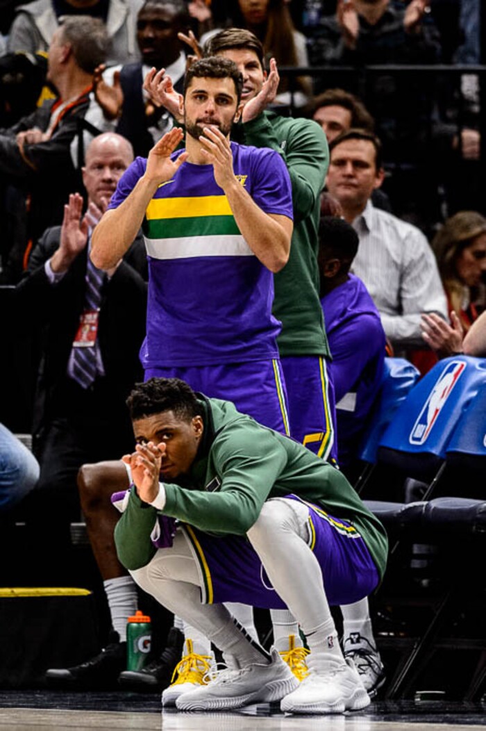 (Trent Nelson | The Salt Lake Tribune)  
Utah Jazz guard Donovan Mitchell (45) and Utah Jazz guard Raul Neto (25) celebrate a three-pointer by Utah Jazz forward Joe Ingles (2). The Utah Jazz host the Houston Rockets, NBA basketball in Salt Lake City on Thursday Dec. 6, 2018.