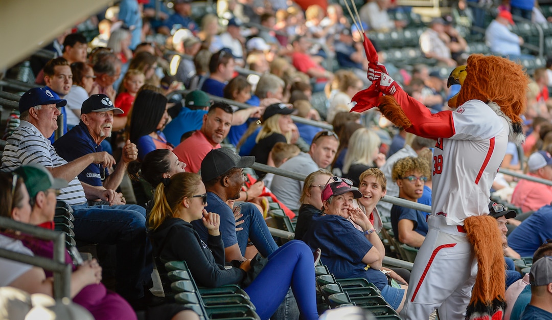 (Francisco Kjolseth  |  The Salt Lake Tribune)  Swoop has a little fun with the BYU fans as Utah and BYU renew their rivalry on the baseball diamond as they battle it out at Smith's Ballpark in Salt Lake City on Tuesday, May 14, 2019.