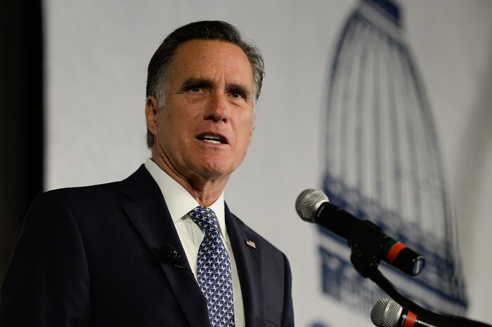 (Francisco Kjolseth  |  The Salt Lake Tribune)  Mitt Romney speaks at the Utah Economic Outlook & Policy Summit 2018, hosted by the Salt Lake Chamber at the Salt Lake City Marriott Downtown at City Creek on Tuesday, Jan. 16, 2018. 