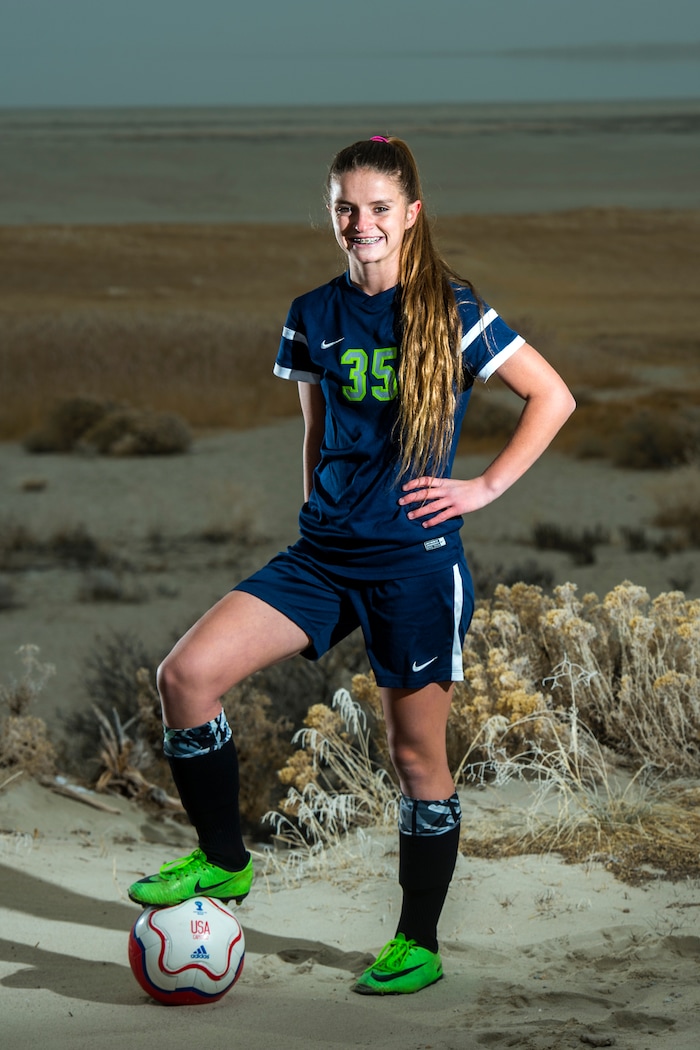 (Chris Detrick | The Salt Lake Tribune) Syracuse's Caroline Stringfellow poses for a portrait near Bridger Bay on Antelope Island State Park Tuesday, December 12, 2017.
