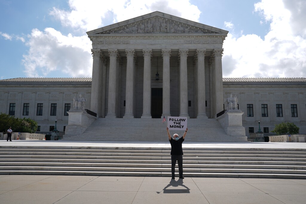 (Anna Moneymaker | The New York Times) Outside the Supreme Court Building ahead of decisions being handed down, in Washington, on Thursday, July 9, 2020. The Supreme Court ruled Thursday that President Donald Trump can for now block the release of his financial records to Congress but that prosecutors in New York may see them.