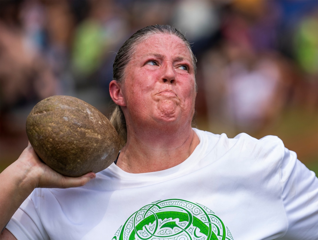 (Rick Egan | The Salt Lake Tribune) Brooks Percifield from Bountiful, competes in the Highland games Stone throw, at the Payson Scottish Festival, on Saturday, July 9, 2022.