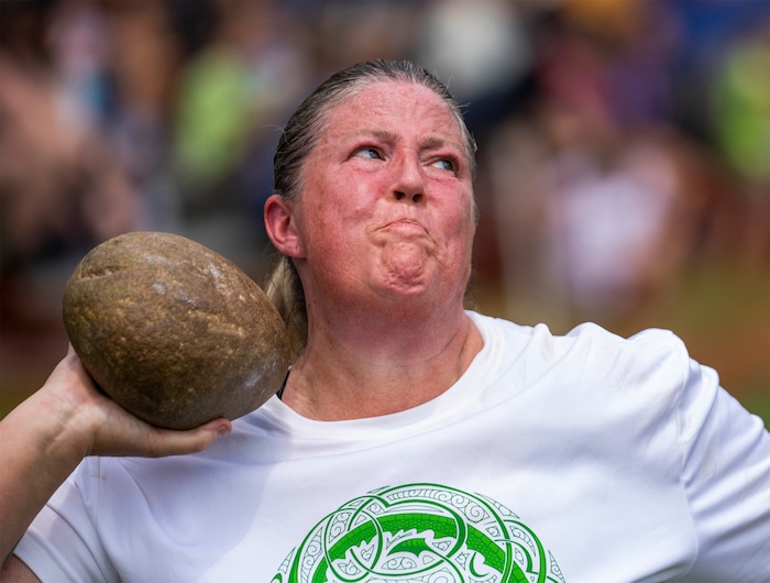 (Rick Egan | The Salt Lake Tribune) Brooks Percifield from Bountiful, competes in the Highland games Stone throw, at the Payson Scottish Festival, on Saturday, July 9, 2022.
