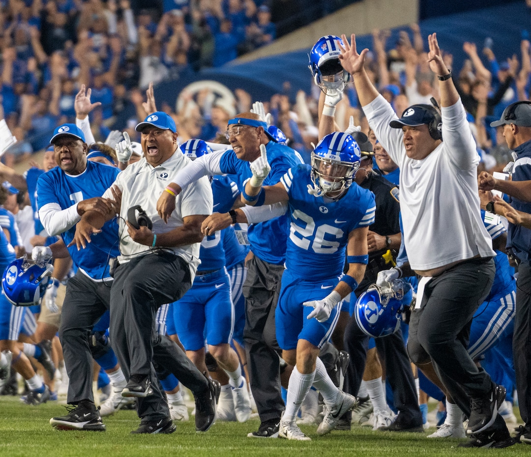 (Rick Egan | The Salt Lake Tribune) Brigham Young Cougars head coach Kalani Sitake celebrates as BYU upsets the Baylor Bears in double-overtime, at Lavell Edwards Stadium in Provo, on Saturday, Sept. 10, 2022.