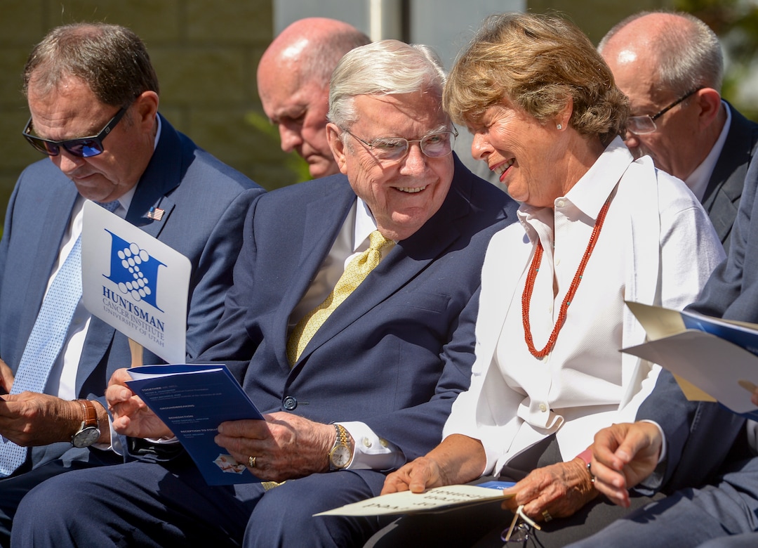 (Leah Hogsten  |  The Salt Lake Tribune)  M. Russell Ballard, president of The Church of Jesus Christ of Latter-day Saints shares a laugh with Karen Huntsman, wife of the late Jon M. Huntsman during the groundbreaking ceremony for the Kathryn F. Kirk Center for Comprehensive Cancer Care and Women’s Cancers at Huntsman Cancer Institute, September 5, 2019.