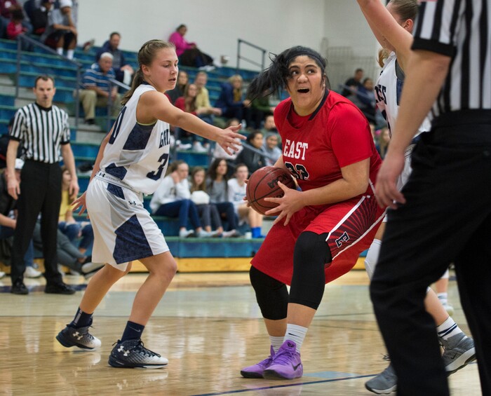 (Scott Sommerdorf | The Salt Lake Tribune)
Lani Taliauli of East turns to shoot during first half play. Copper Hills defeated East 82-62, Friday, December 29, 2017.