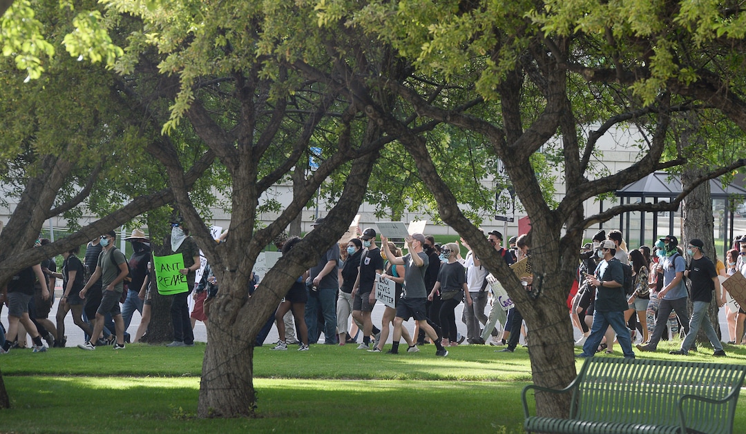 (Francisco Kjolseth  |  The Salt Lake Tribune) Demonstrators protest against police brutality on Tuesday, June 2, 2020, in downtown Salt Lake City, as an 8 p.m. weeklong curfew remains in order.