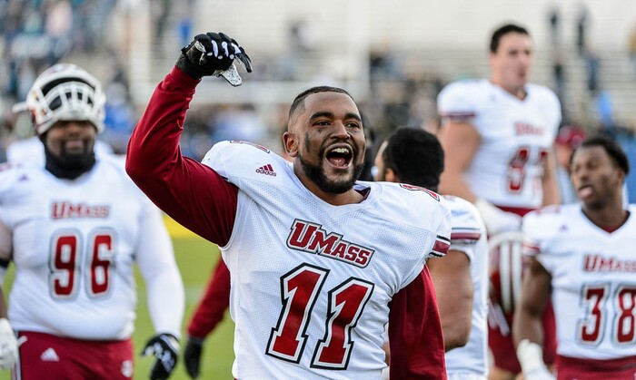 (Trent Nelson | The Salt Lake Tribune)  Massachusetts Minutemen defensive lineman Roderick Jones Jr. (11) celebrates the win as BYU hosts the University of Massachusetts, NCAA football in Provo, Saturday November 18, 2017.