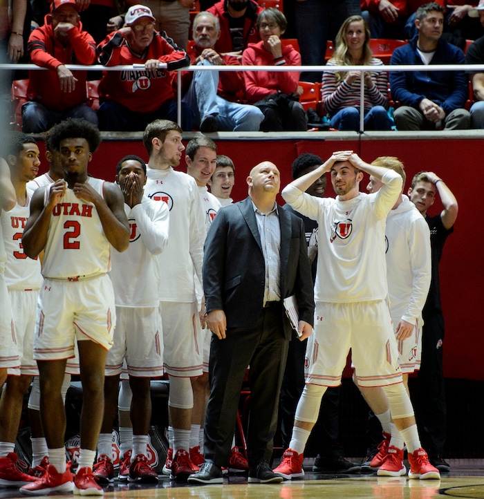 (Steve Griffin  |  The Salt Lake Tribune) The Utah bench reacts to a a missed three-pointer late in the game against Arizona State Sun Devils at the Huntsman Center on the University of Utah campus in Salt Lake City Sunday January 7, 2018.
