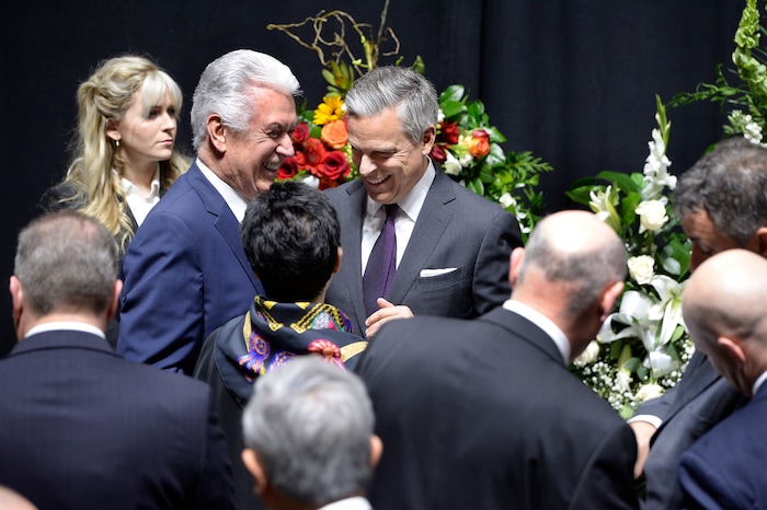 Scott Sommerdorf | The Salt Lake Tribune
Ambassador Jon Huntsman Jr. speaks with Elder Deiter Uchtdorf of the LDS Church at the funeral services for Jon M. Huntsman, Sr., Saturday, February, 10, 2018. 
