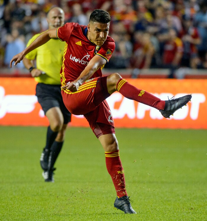 (Steve Griffin | The Salt Lake Tribune) Real Salt Lake midfielder Luis Silva (20) fires a shot just over the bar during match against San Jose at Rio Tinto Stadium in Sandy Wednesday August 23, 2017.