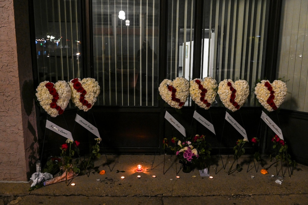 (Jahi Chikwendiu | The Washington Post) Wreaths memorialize the victims of a mass shooting on Aug. 4, 2019, in Dayton, Ohio. Such mass shootings at the hands of disaffected young men — including an attack just hours earlier in El Paso, Texas, where a 21-year-old is accused of killing 22 people on Saturday — illustrate the difficulties of tracking people who have made dangerous threats.
