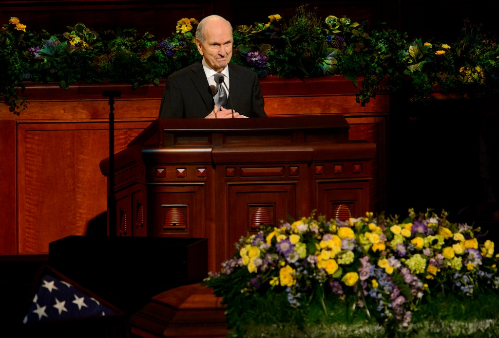 (Steve Griffin  |  The Salt Lake Tribune)  President Russell M. Nelson speaks during funeral services for LDS Church President Thomas S. Monson at the Conference Center in Salt Lake City on Friday, Jan. 12, 2018.